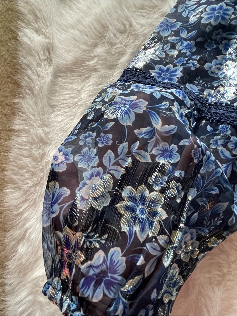 NWT Eliza J. Navy Blue & Silver Floral Ruffled Long Puff Sleeve Dress - Picture 13 of 16